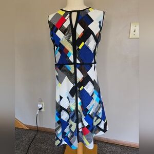 Sleeveless Geometric Print A-Line Dress in Blue & Black XXL